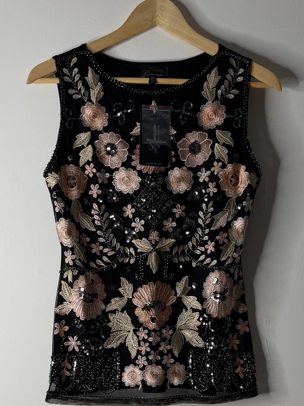 Frank Lyman Design Black Tank Dress with Rose Gold Floral Embroidery